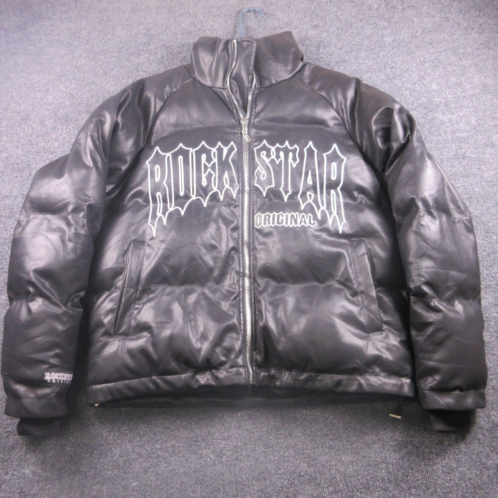 Rockstar Original Jacket Mens Large Black PU‎ Puffer Rock Star Graphic Quilted
